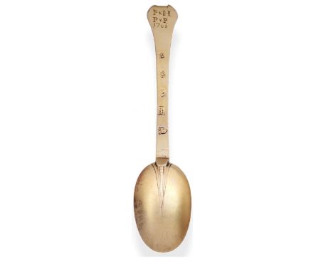 A Provincial Queen Anne Britannia Standard Silver-Gilt Trefid Spoon, Thomas Furlong, Exeter 1705, with beaded rat tail bowl, 