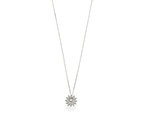 A Diamond Flower Pendant on Chain, a central round brilliant cut diamond within a pavé set diamond petal surround, total esti