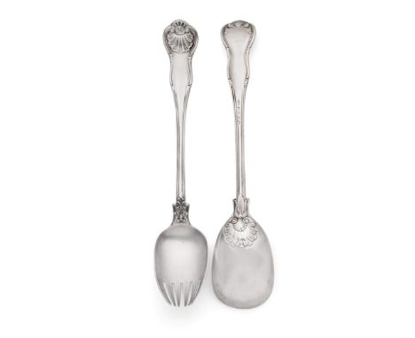 A Pair of Victorian Silver King's Husk Pattern Salad Servers, Chawner & Co, London 1843, with husk heel, the fork possibly co