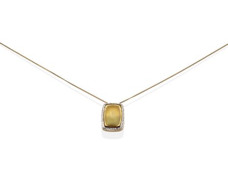 A Citrine and Diamond Pendant on Chain, an oval cabochon citrine in a rubbed over setting and a cushion-shaped border set wit