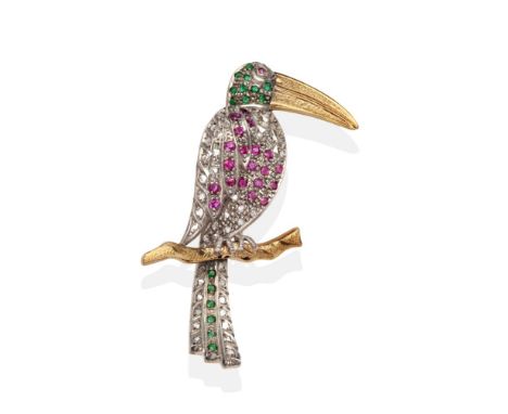 A Diamond, Ruby and Emerald set Toucan Brooch, modelled perched on a branch and set throughout with rose cut diamonds, round 