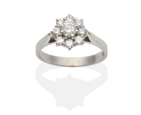 An 18 Carat White Gold Diamond Cluster Ring, a round brilliant cut diamond within a border of smaller round brilliant cut dia