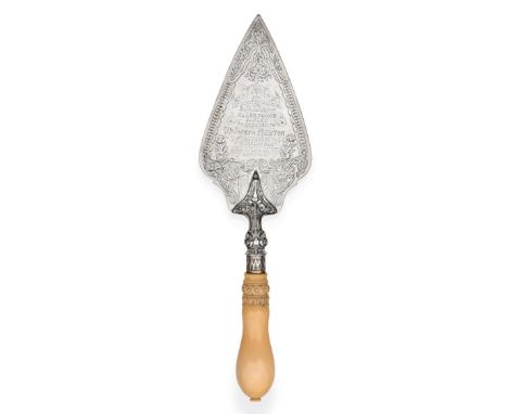 A Victorian Silver Presentation Trowel, John Round & Son Ltd, Sheffield 1880, with carved ivory baluster handle, the blade wi