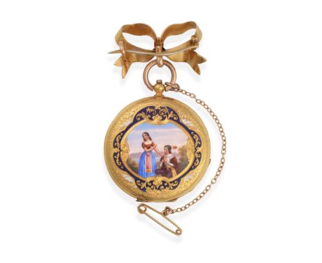 A Lady's Enamel Fob Watch, circa 1860, cylinder movement, enamel dial with Roman numerals, case back with central enamel scen