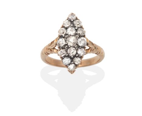 A Diamond Navette Cluster Ring, old cut diamonds in claw settings, to forked scroll shoulders, total estimated diamond weight