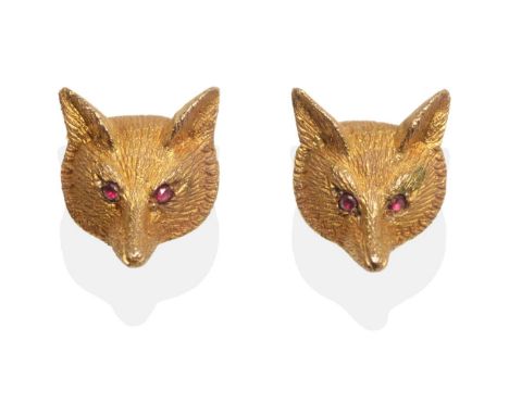 A Pair of 9 Carat Gold Fox Earrings, a fox head realistically modelled with textured fur and ruby set eyes, measure 1.5cm by 
