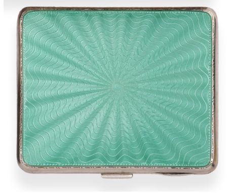 A Silver Green Guilloche Enamel Cigarette Case, William Neale & Son Ltd, Birmingham 1932, the reverse with engine turned deco