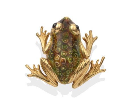 An 18 Carat Gold Enamel Frog Brooch, realistically modelled with sapphire cabochon set eyes and enamelled in tones of green a