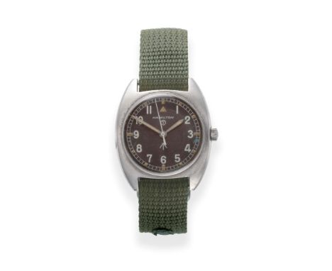 A Stainless Steel Military Centre Seconds Wristwatch, signed Hamilton, circa 1976, lever movement with hacking seconds, black