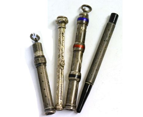 A Group of Four Silver Pencils and Pencil Holders, comprising: a Sampson Mordan silver pencil holder, London 1909; a Sampson 