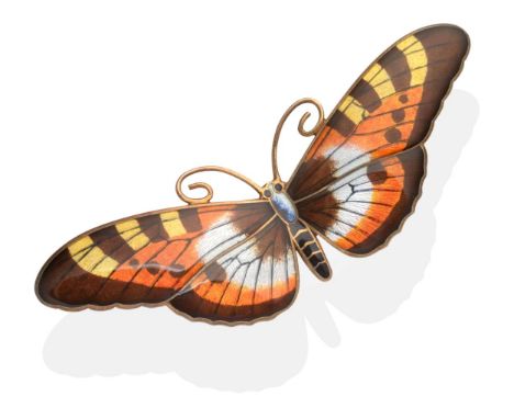 An Enamel Butterfly Brooch, by Magnus Aase, enamelled in realistic tones, measures 2.7cm by 8.5cm see illustration  The brooc