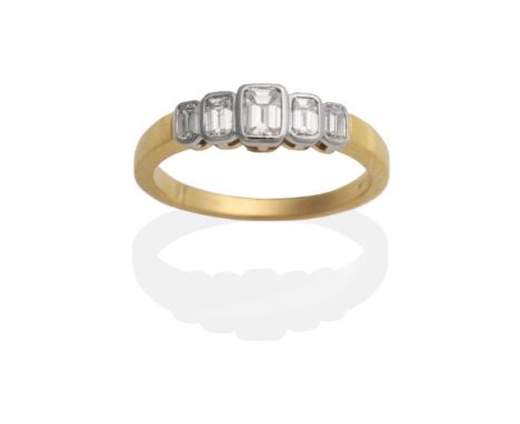 An 18 Carat Gold Diamond Five Stone Ring, octagonal cut diamonds in rubbed over settings, on a flat sided shank, total estima