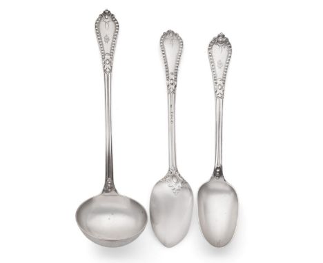 A Matched Pair of Victorian Silver Grecian Pattern Basting Spoons and a Soup Ladle, various makers, London 1866, 1879 and 192