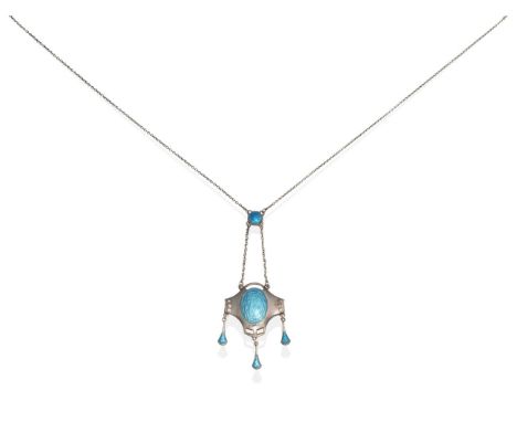 An Art Nouveau Silver Enamel Necklace, by Charles Horner, a shield-shaped plaque enamelled in blue with three enamelled penda