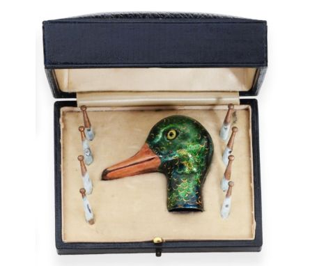 A Novelty Enamel Duck Head Parasol Handle, early 20th century, naturalistically modelled with glass eyes and contained in a f