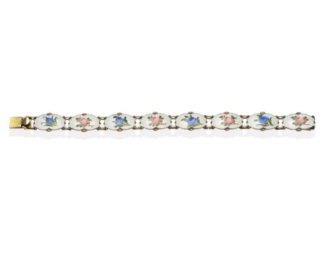 A Norwegian Enamel Bracelet, by Ivor T. Holth, eight white guilloche enamel links each painted with a flower, 17.5cm long see