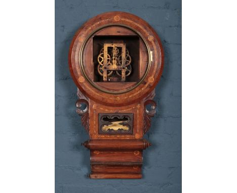A 19th century inlaid mahogany drop dial wall clock case. With movement and pendulum.  