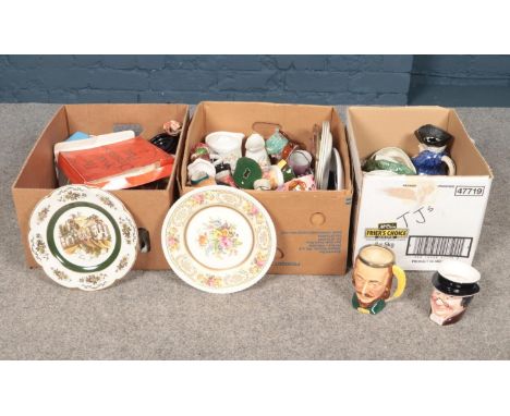 Three boxes of miscellaneous. Character/Toby jugs, Royal Doulton, Spode examples etc  