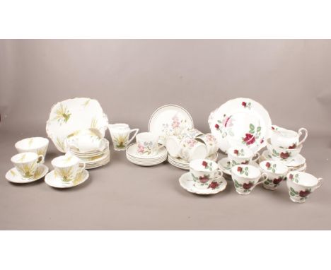 Three patterned tea wares for five people. Comprising of 'Royal Stafford - Broom', 'Royal Standard - Red Velvet' &amp; 'J &am