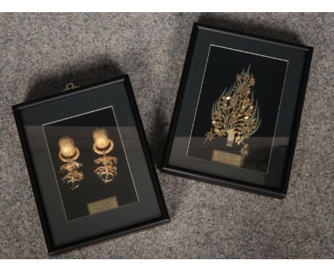 Two framed 24 k gold plated Korean National Treasure jewellery. (21cm x 26cm)(boxed)  