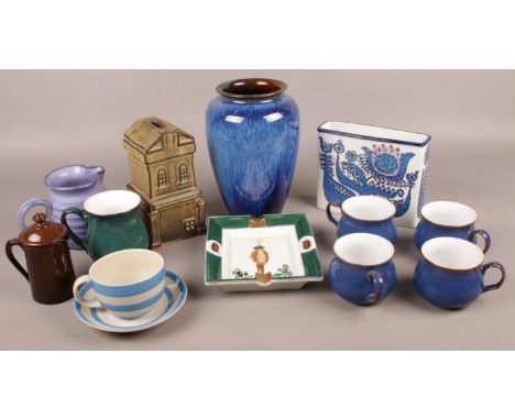A Royal Copenhagen rectangular vase along with a collection of stoneware. Including cups, vase, money box, etc.  