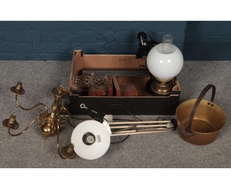 A quantity of mostly metalwares. Including brass jam pan, angle poise lamps, oil lamp, chandelier, etc.  