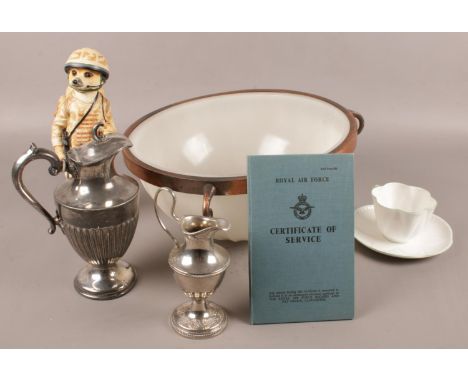 A group lot of collectables and ceramics. Including glass ceiling light shade, Country artists figure of a meerkat soldier 'T