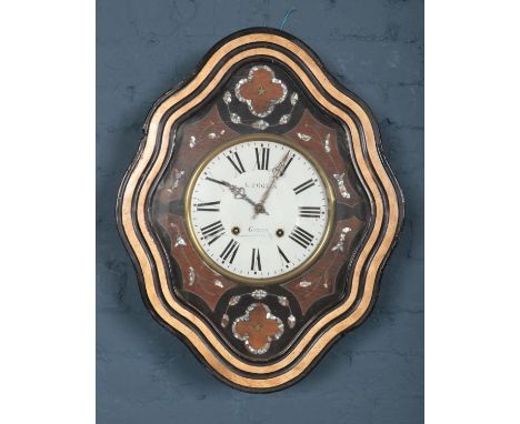 A French Mahogany wall clock by L.Seguin, inlayed with a mother of pearl decoration and enamel dial.  H: 62cm, W: 49cm, D:13c