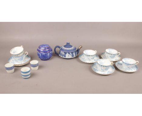 A selection of blue and white china, comprising of six Chapman cups and saucers, a Wedgwood Jasper teapot, a Wade ceramic tea