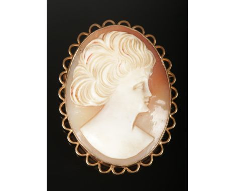 A 9ct gold shell cameo brooch with a portrait of a maiden. H- 5cm, W -3.5cm.  Condition good.