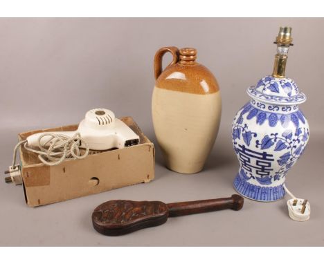 A group lot of ceramics and collectables. Including Doulton Lambeth stoneware flagon, Blue &amp; white ceramic table lamp, 19