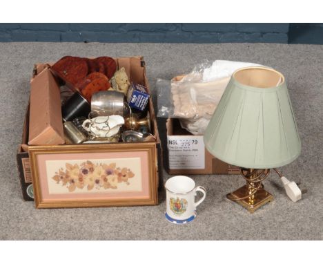 Two boxes of miscellaneous. Spode cake knife (boxed), Ringtons commemorative Golden Jubilee mug, brass table lamp &amp; shade