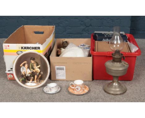 Three boxes of miscellaneous. Aladdin Industries Ltd Oil lamp, Royal Doulton cabinet plates, quantity of coffee cups example 