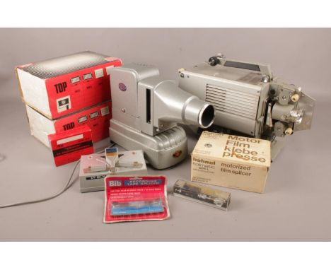 Two vintage projectors and accessories. Includes Gnome Alphax Major, Pathe Cineric Europ, Top movielights, film splicers etc.