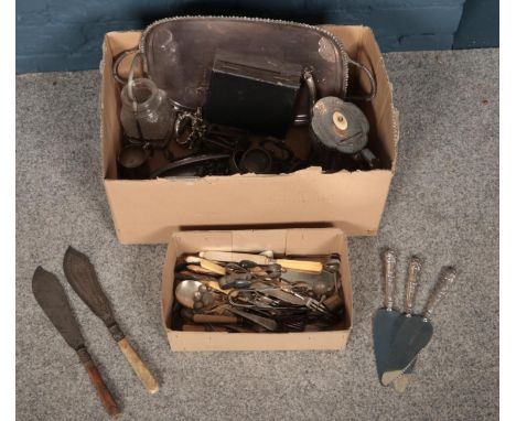 A box of silver and silver plate. Including three silver handled cake slices, flatware, silver plate teapot, etc.  