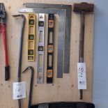 LOT: (8) Levels, Crowbars, Squares, Sledge Hammer