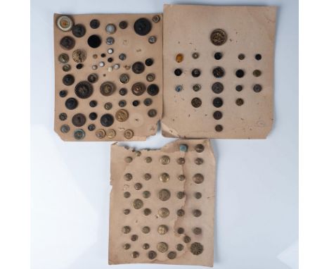 3 cards of 115 buttons in various sizes, materials, and themes. Themes includes a bust, a botanical, and a bug motif. The sma