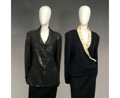 Collection includes a black blazer with black tile sequins, notched collar, and 4 black buttons. Also, includes a black cardi