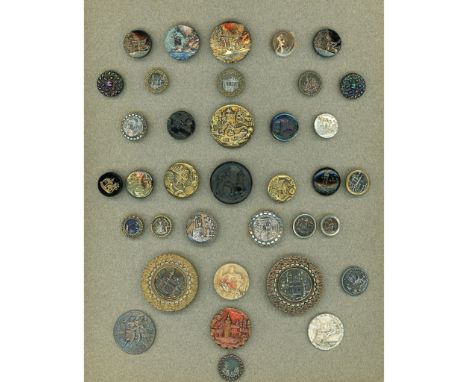 36 Small-Med-Large Architectural picture buttons. Here is a card of nice assorted buildings and scenes including assorted met