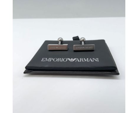 Pair of elegant cufflinks in a rectangular shape featuring the Emporio Armani logo engraved on them. The shine of the stainle