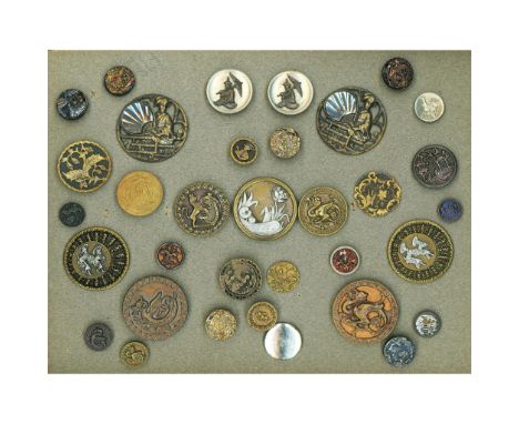 34 Small-Med-Large picture buttons from the Victorian era. This card includes Asian theme on pearl, wood backgrounds, black g