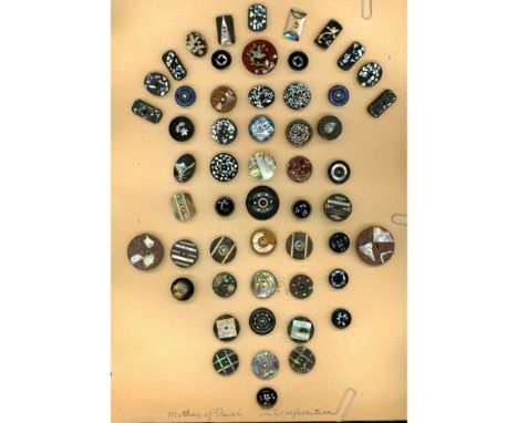 50 Small and medium size Victorian Era buttons. Here is a great card of assorted inlays from the Late Victorian era. The lot 