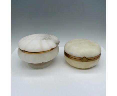 Fantastic duo of soft rock containers that consists of a shell shaped vessel with a gilt accent, and a round shaped vessel wi