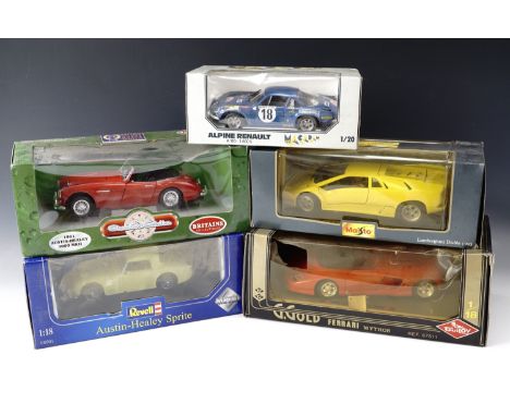 Five boxed die-cast metal cars including a 1:18 scale Austin Healy 3000 MK11, Lamborghini Diablo 1990, Austin Healy Sprite et