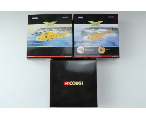 Three Corgi "Aviation Archive" die-cast model areoplanes; Westland "Whirlwind HAR MK10" and two Westland "Wessex HAR-2"