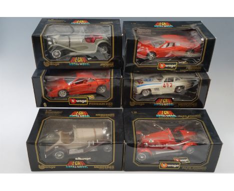 Six boxed Burago 1:18 scale die cast model cars including Ferrari F40 1987, Alfa Romeo 8c2300 Monza 1931 etc