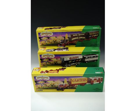 Three Corgi Classics "The Showman's Range"; Leyland dodgem truck and caravan set 24801, Scammell Highwayman with closed pole 