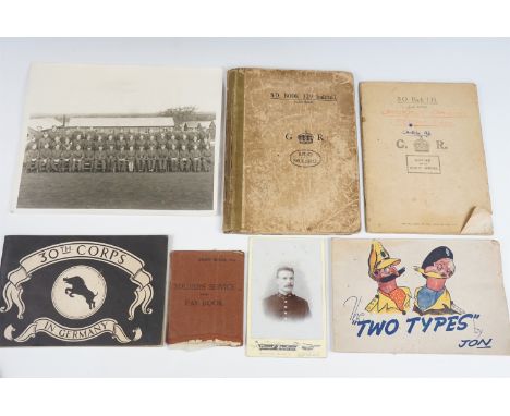 A diverse group of military ephemera including Victorian portrait cabinet cards, training manuals and notes, service document