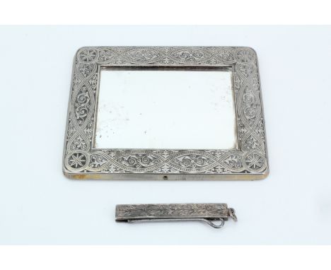A Victorian silver folding button hook together with a similar mirror, hook 9 cm unfolded