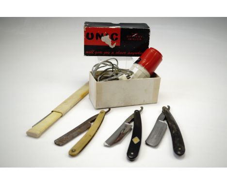 Four cutthroat razors, a "Unic" vintage electric shaver, and a leather collar box
